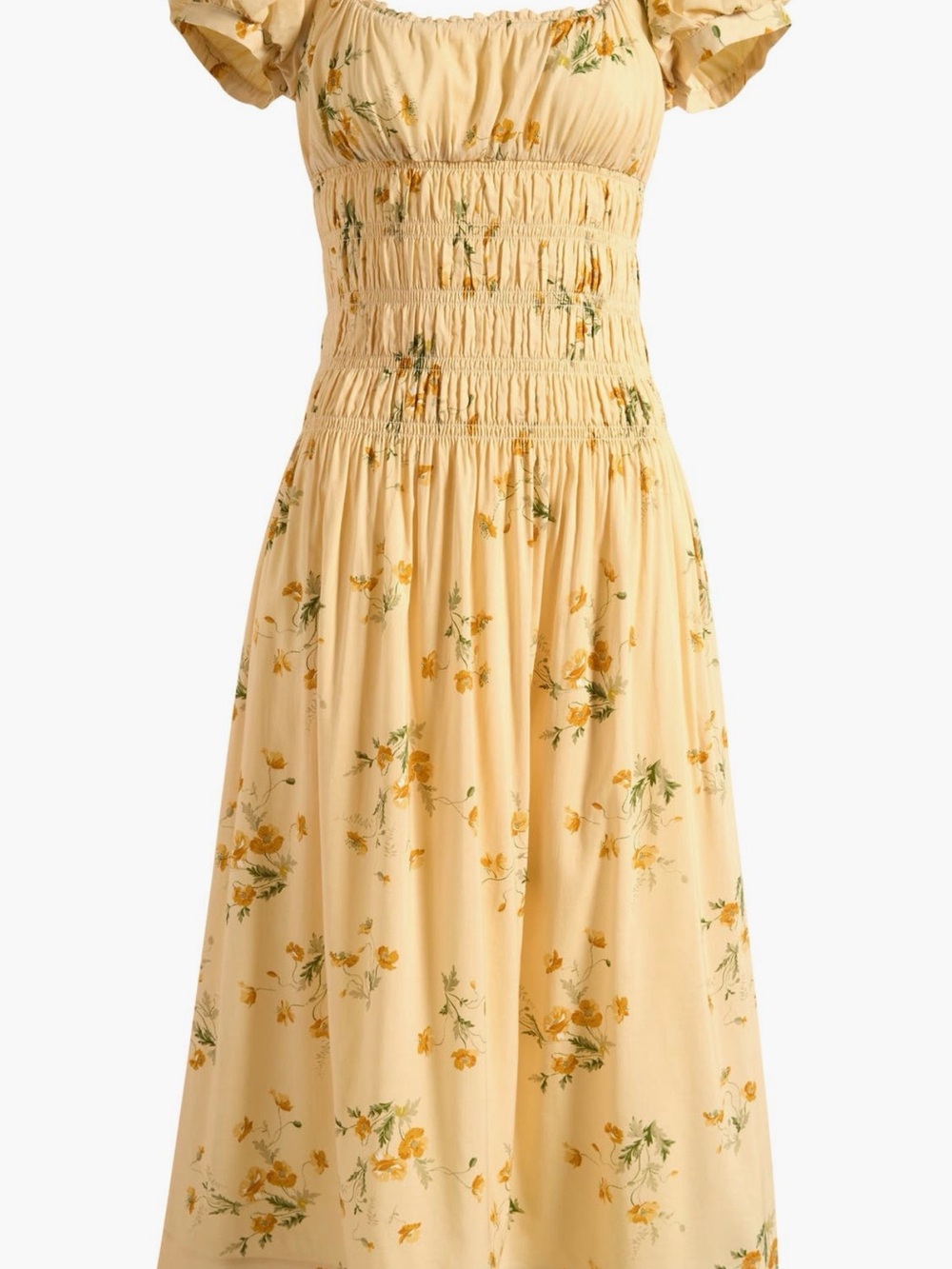 Reformation Yellow Floral Smocked Midi Dress